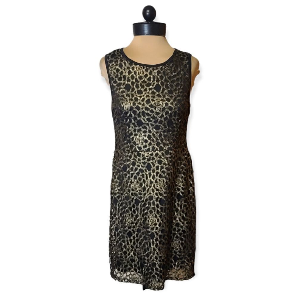 Miami Black Gold Ribbon Sheath Dress Size 6, Small